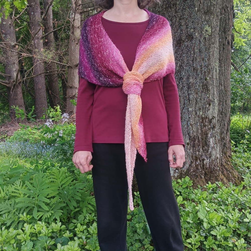 Hand Crafted Handknit Maroon Multicolor Gradient Asymmetrical Shawl OSFM